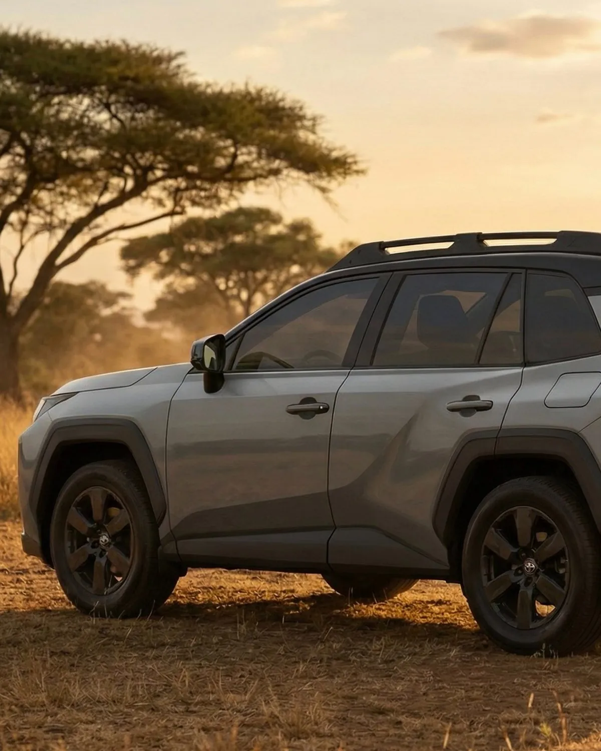 A Toyota RAV4 in the Rwandan savanna at sunset